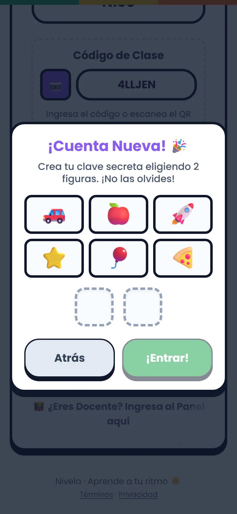 Pantalla para crear la clave de dos dibujitos