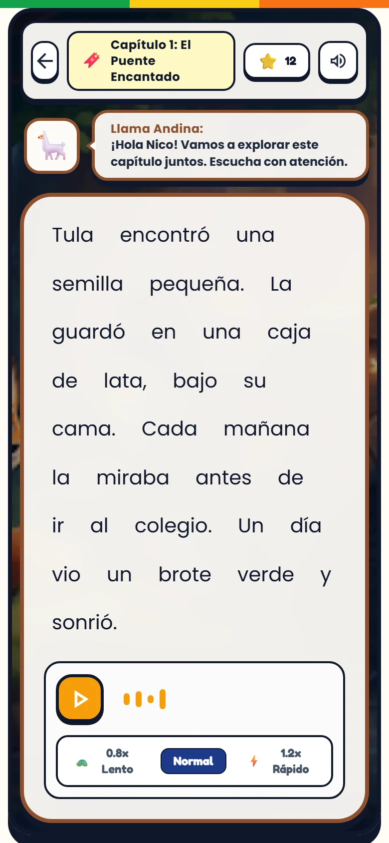 Pantalla con un cuento para leer y botón de audio