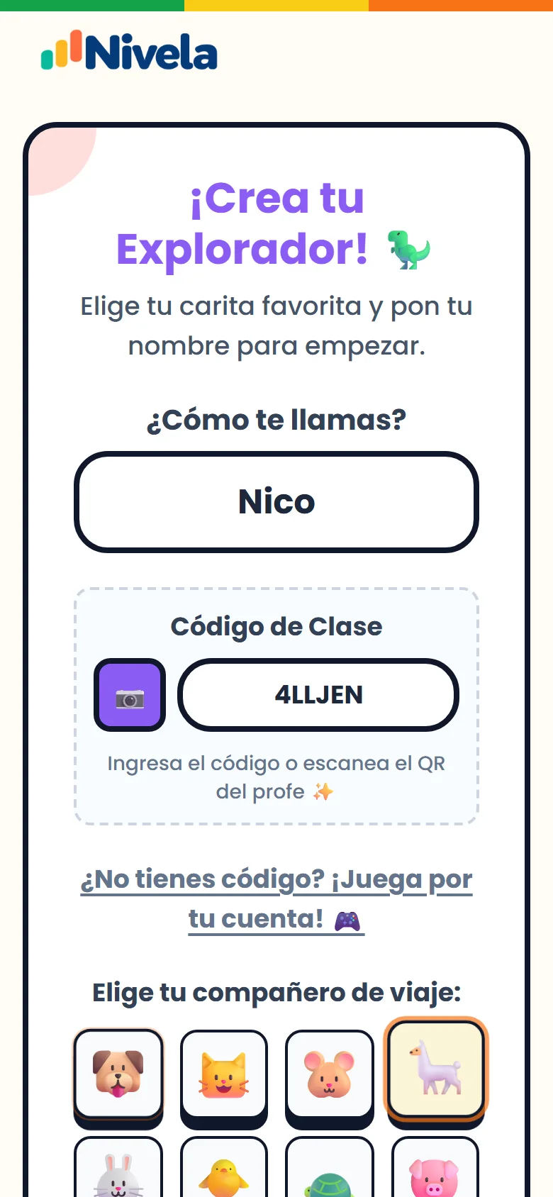 Pantalla de entrada del estudiante con apodo y código de clase
