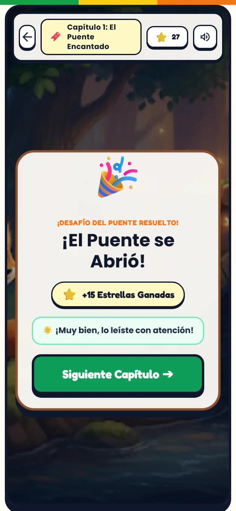 Pantalla de premio con estrellas ganadas