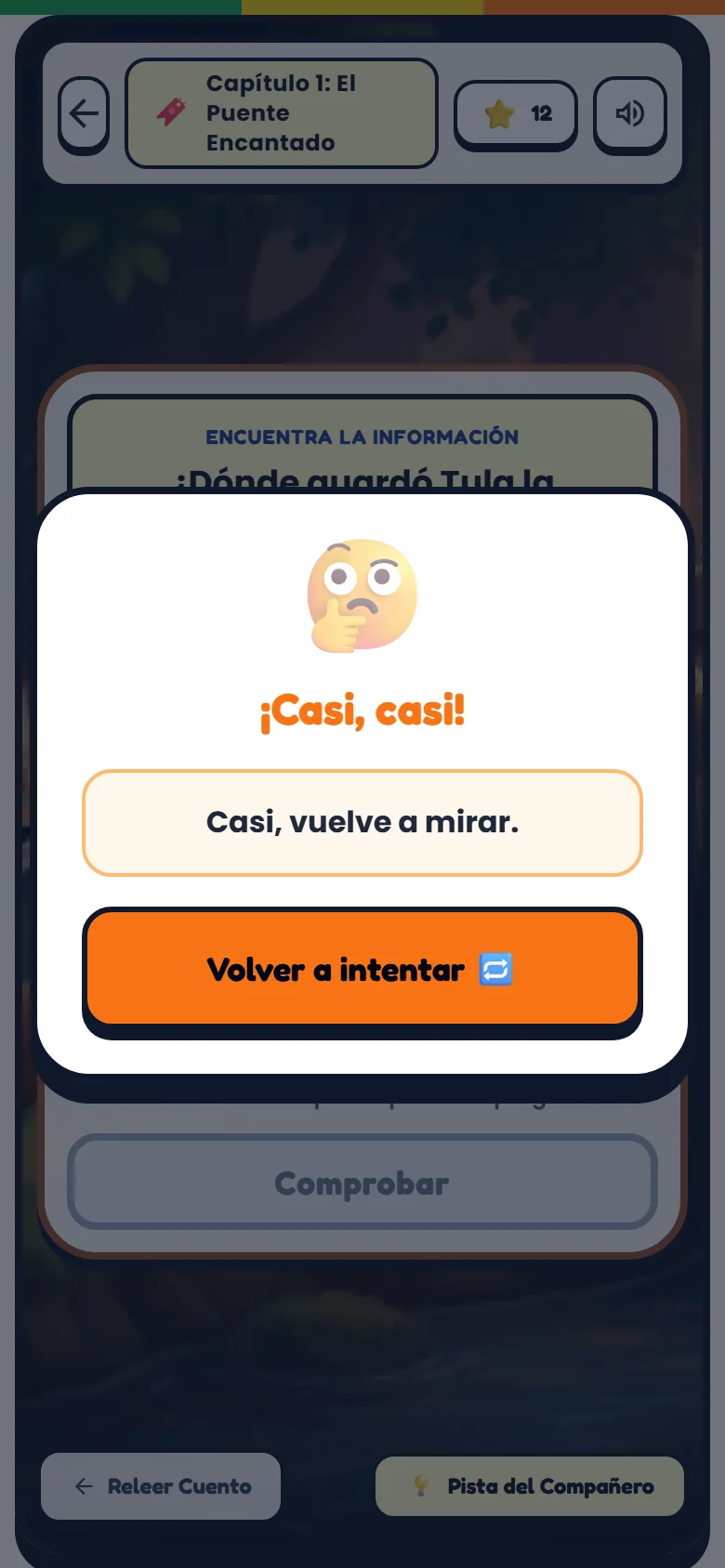 Mensaje amable cuando te equivocas con el botón para volver a intentar