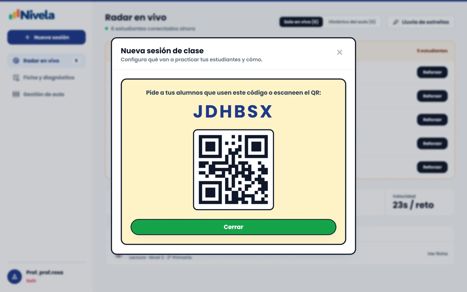 Código de la sesión y código QR para compartir