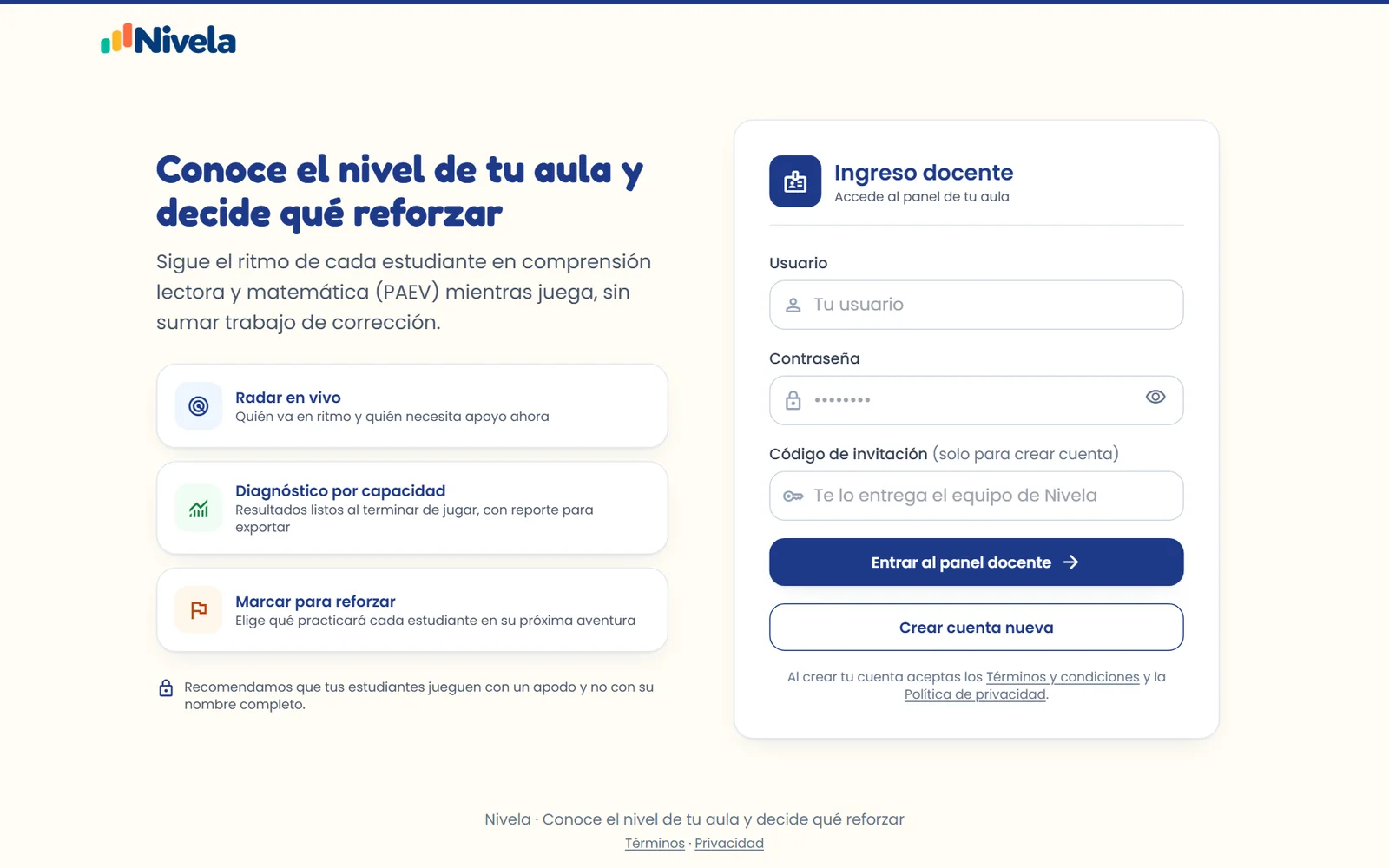 Pantalla de ingreso docente de Nivela