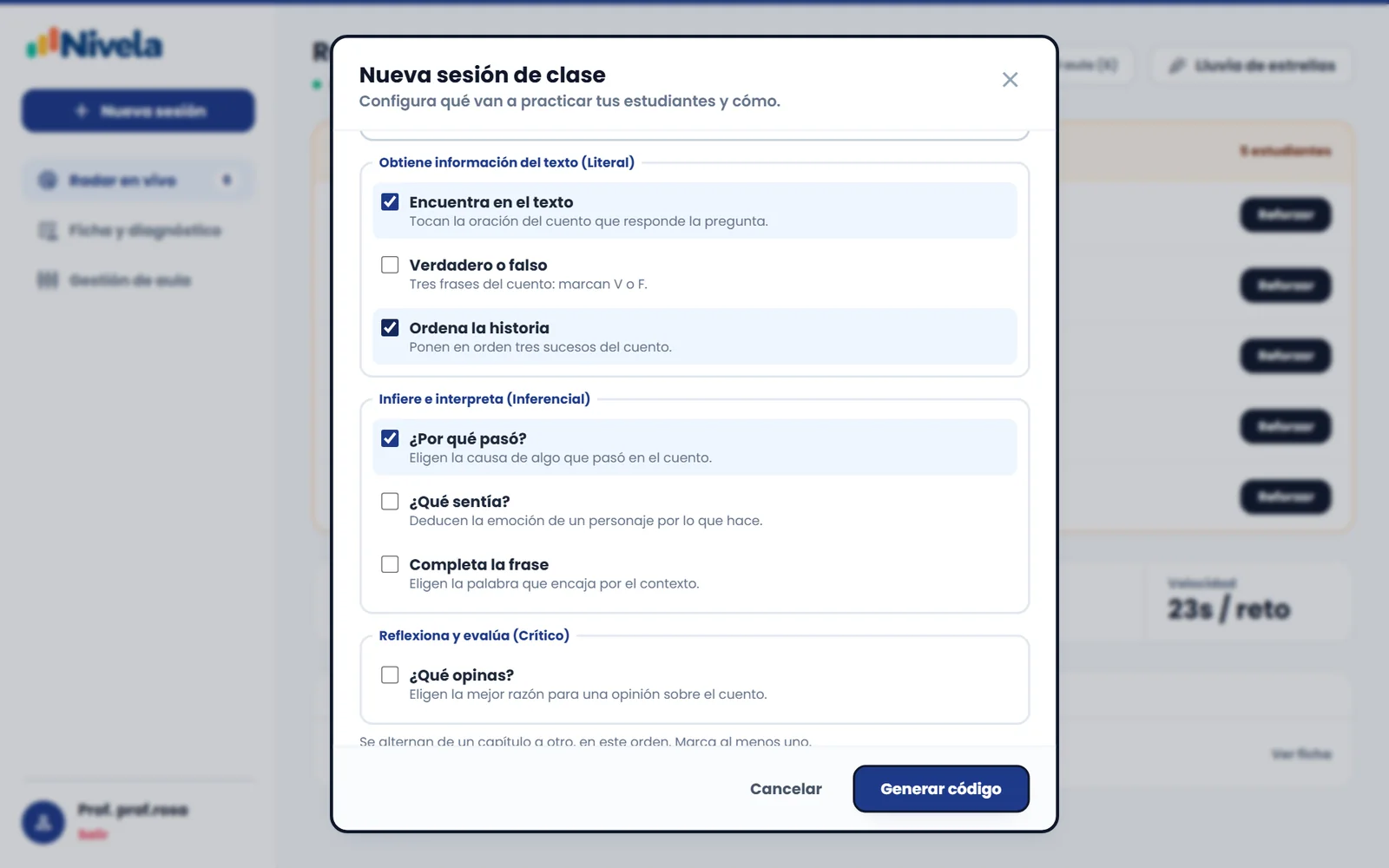 Formulario de nueva sesión con los tipos de ejercicio de lectura para elegir