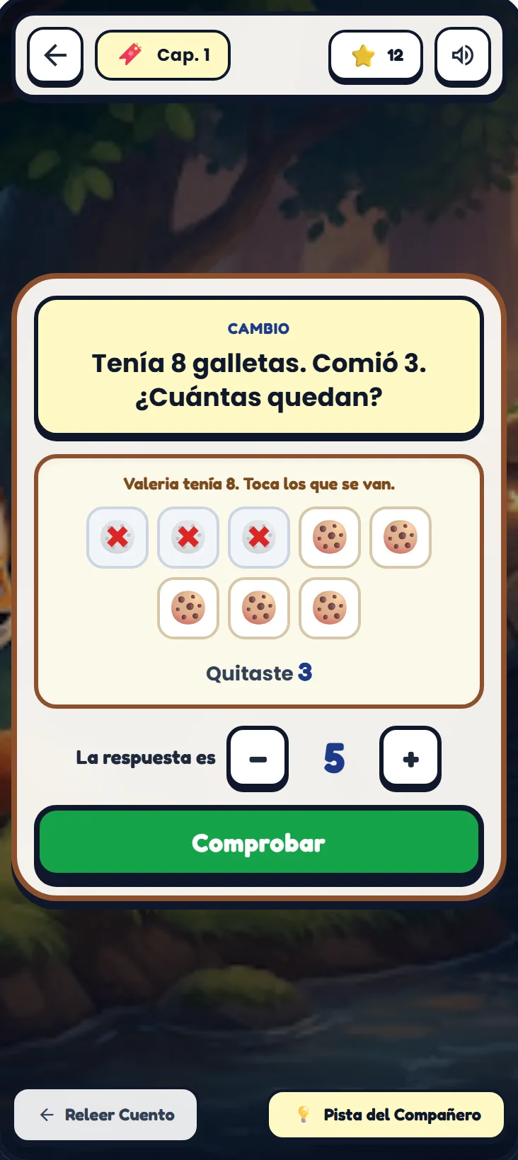 Pantalla del juego en un celular: un problema de matemática sobre galletas, con las galletas que el niño toca para quitarlas y los botones menos y más para armar la respuesta.